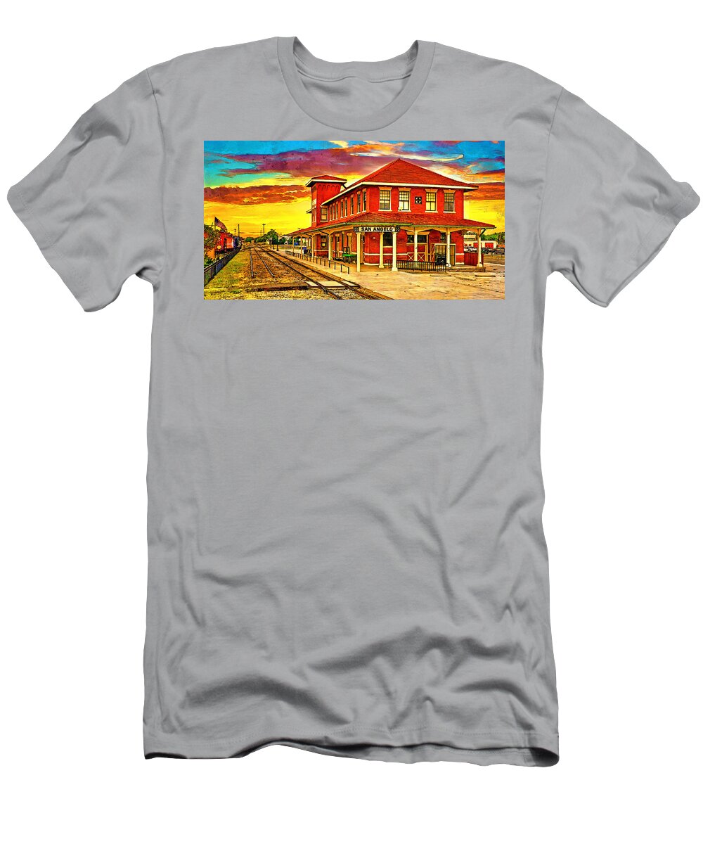 Railway Museum T-Shirt featuring the digital art Railway Museum of San Angelo, Texas, at sunset - digital painting by Nicko Prints