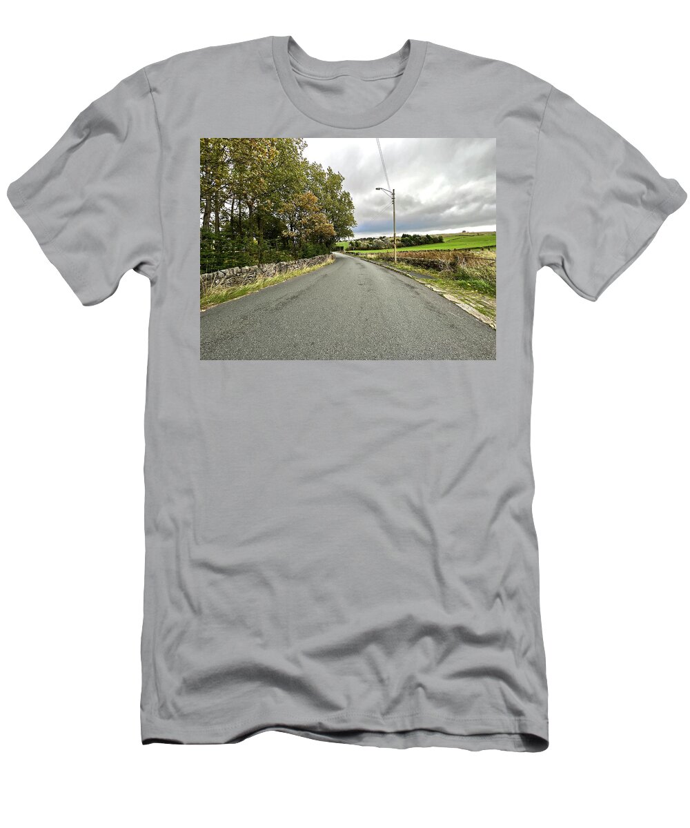 Climate Change T-Shirt featuring the photograph Rain Over Prune Park Lane in Allerton, UK by Derek Oldfield