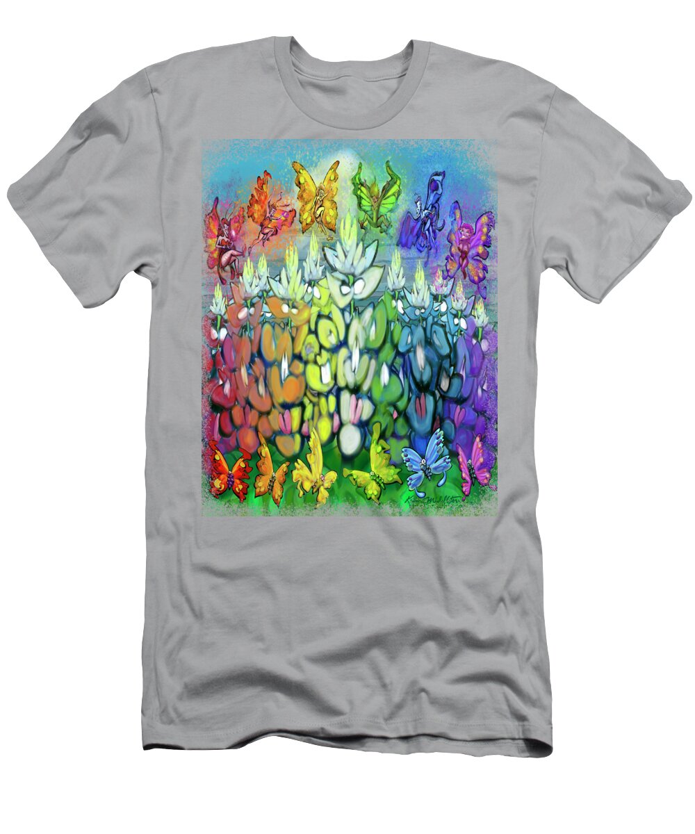 Rainbow T-Shirt featuring the digital art Rainbow Bluebonnets Scene w Pixies by Kevin Middleton