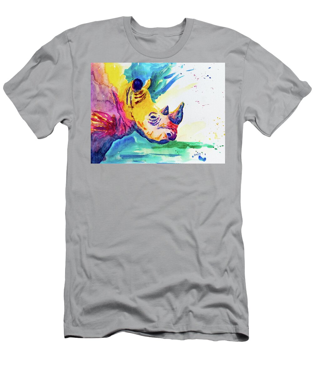Rhino T-Shirt featuring the painting Rainbow Rhino by Bonny Puckett