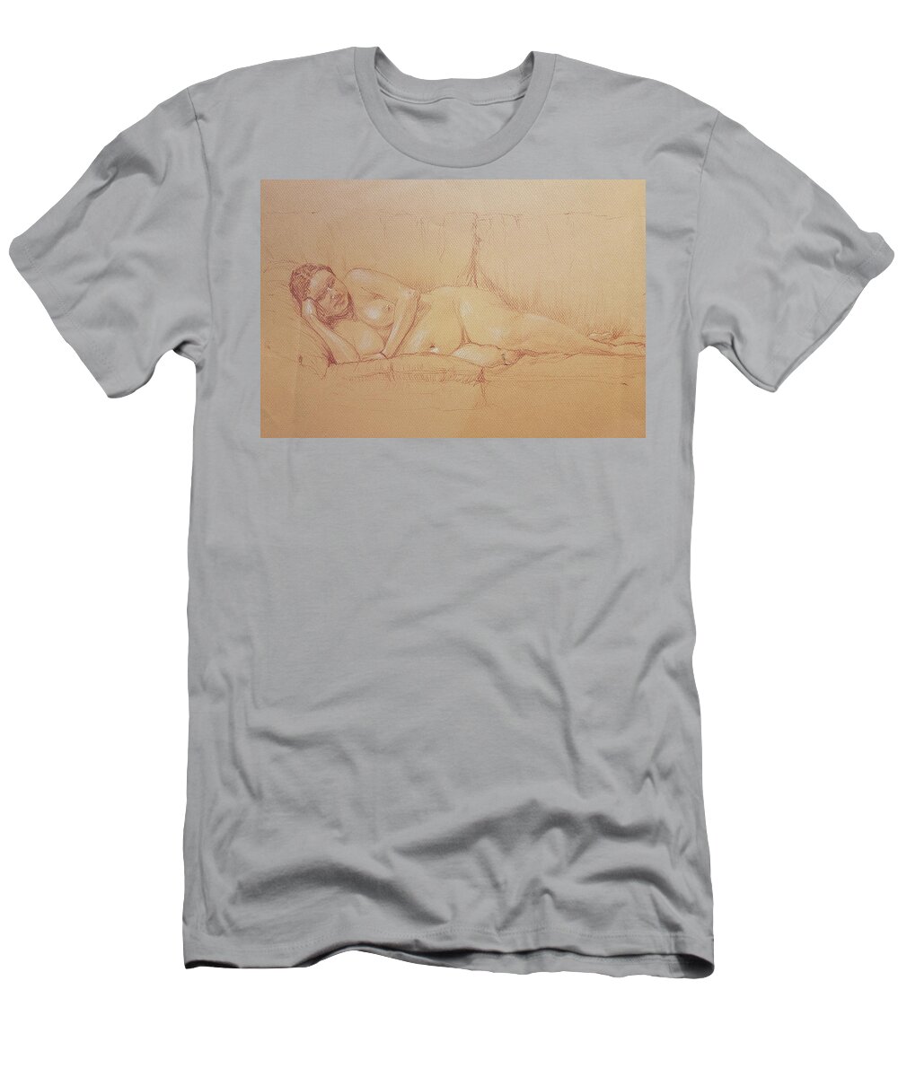 Nude T-Shirt featuring the drawing Reclining Nude by James Andrews