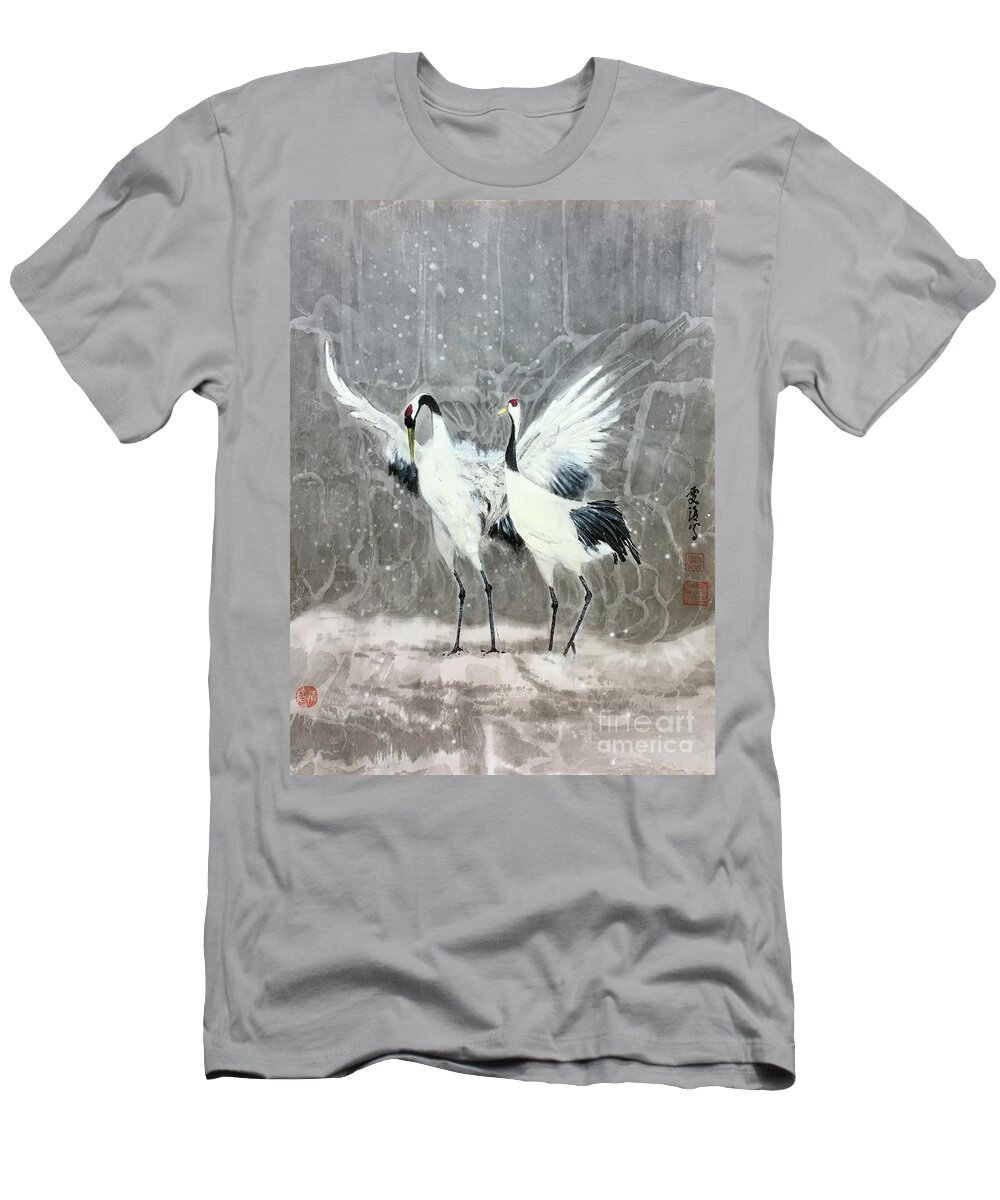 Red-crowned Cranes T-Shirt featuring the painting Red-Crown Crane - 1 Sweet Quiet Moment by Carmen Lam