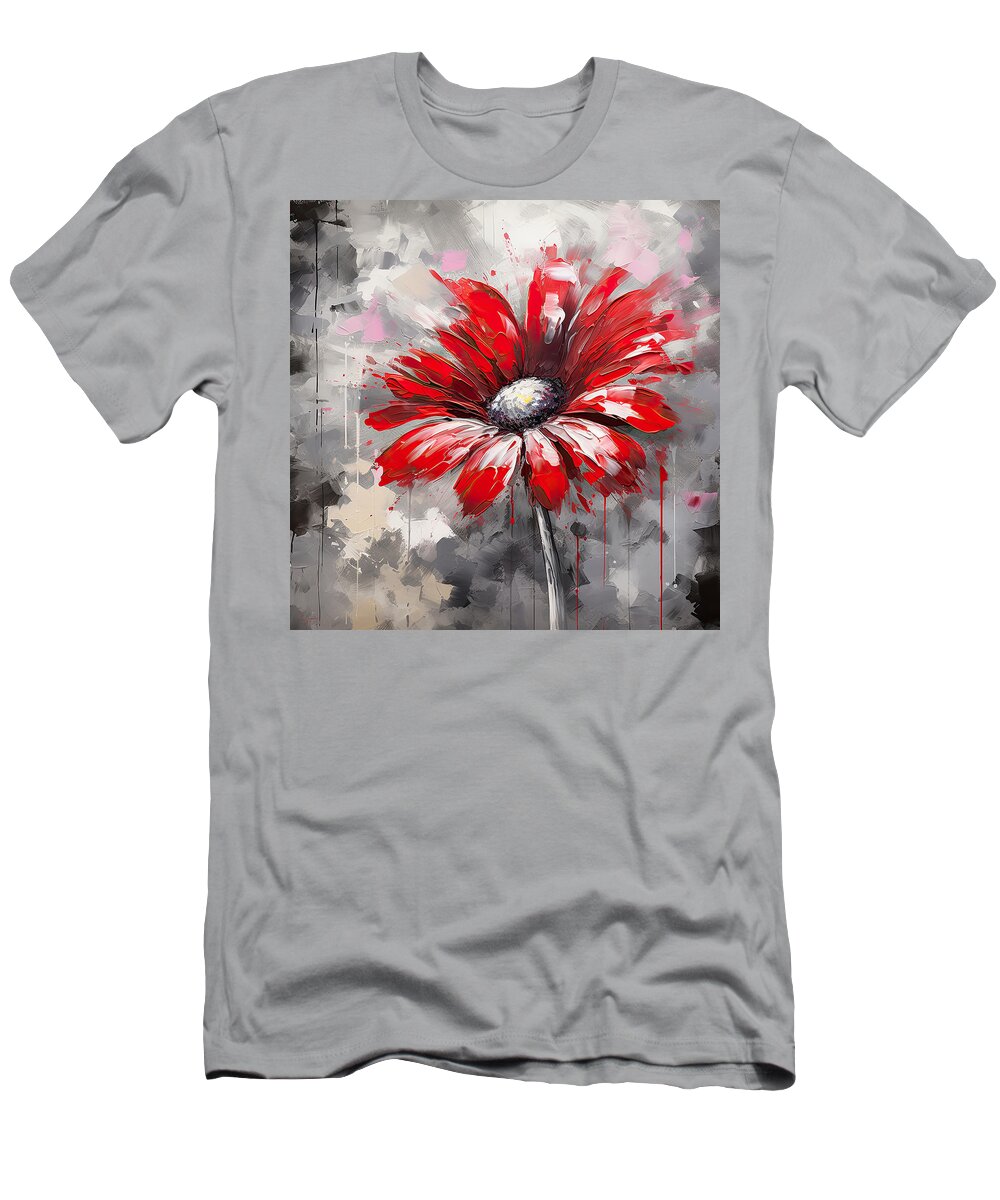 Red And Gray Art T-Shirt featuring the digital art Red Gerbera Daisy in Impressionist Style - Red Art by Lourry Legarde