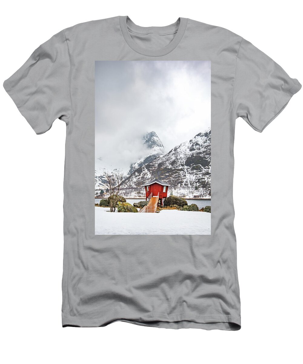#norway #lofoten #landscape #nature #cabin #mountain #outdoor #snow T-Shirt featuring the photograph Red Hot Spot by Philippe Sainte-Laudy