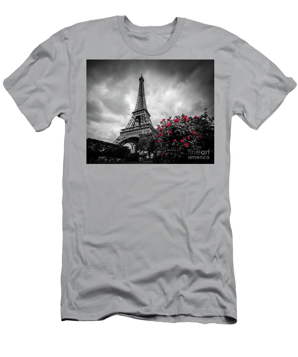 Black And White T-Shirt featuring the photograph Red Roses At Eiffel Tower Garden, Paris by Liesl Walsh