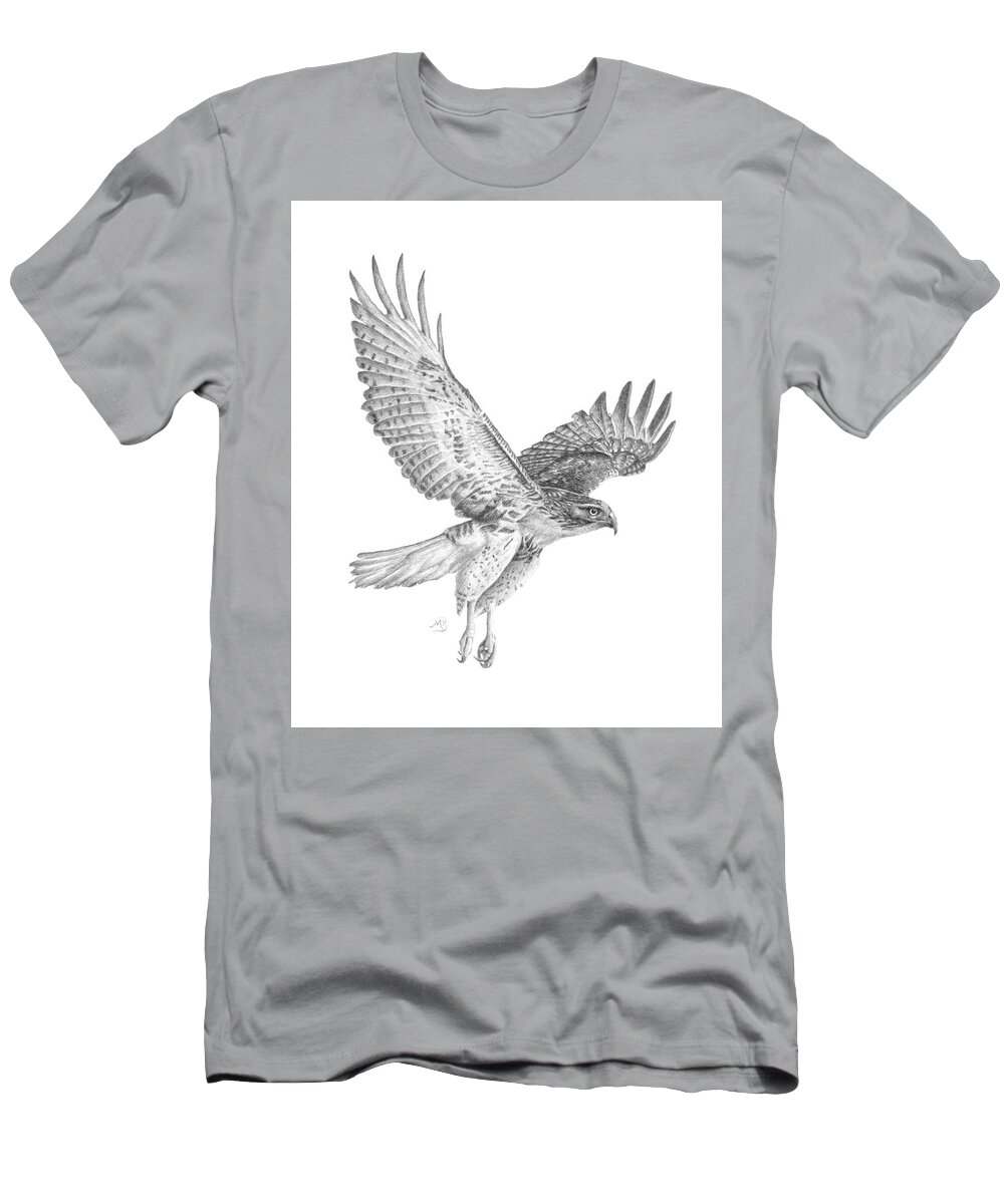Hawk T-Shirt featuring the drawing Red Tailed Hawk in Flight by Monica Burnette