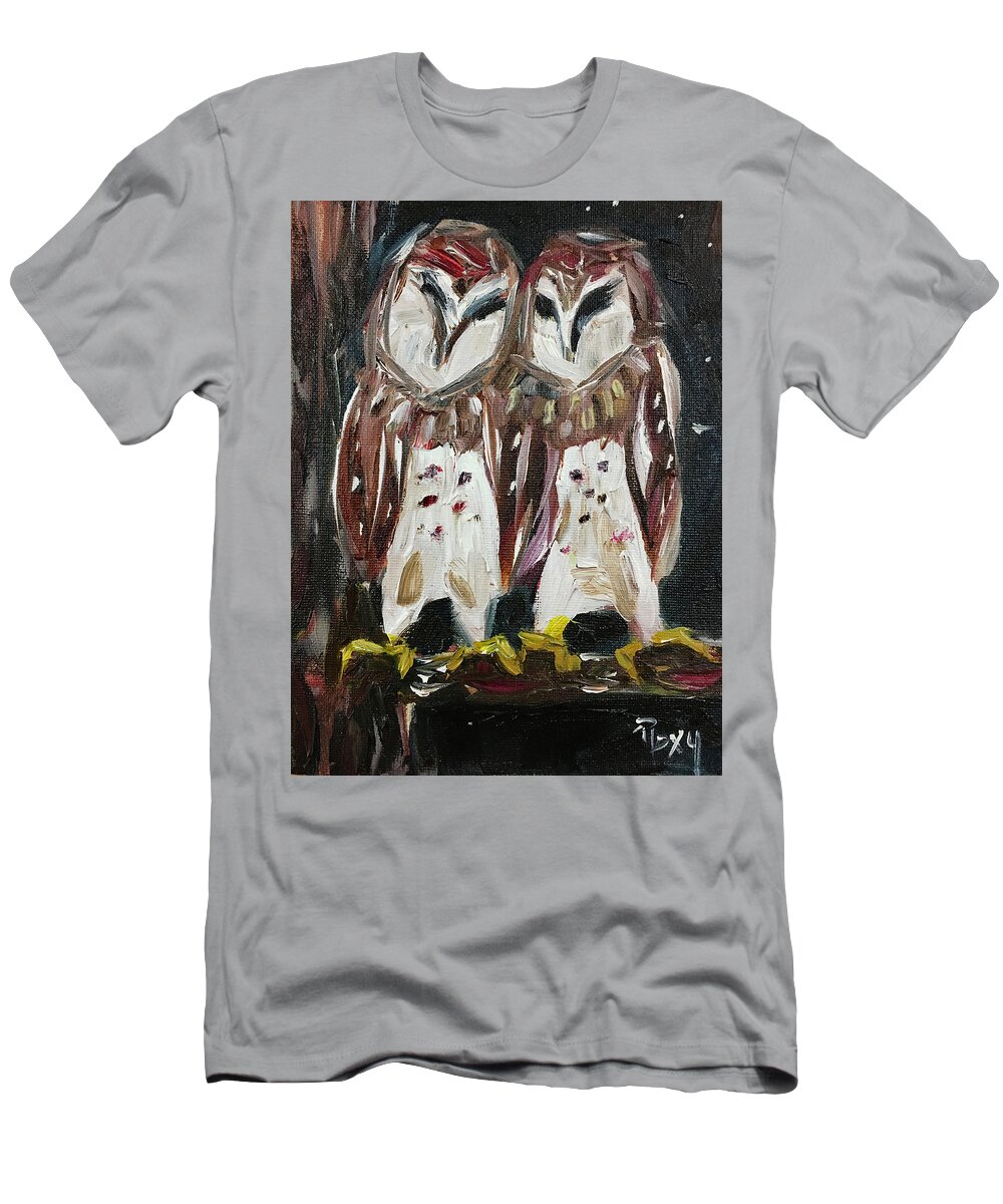 Owls T-Shirt featuring the painting Resident Gangstas Backyard Barn Owls by Roxy Rich
