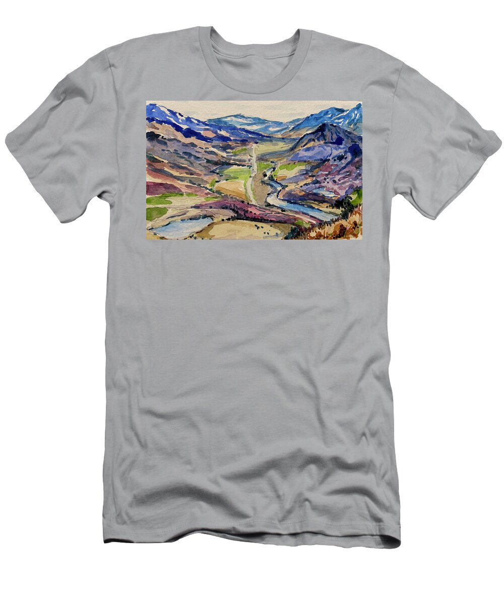 Yellowstone T-Shirt featuring the painting Road to Gardiner by Les Herman