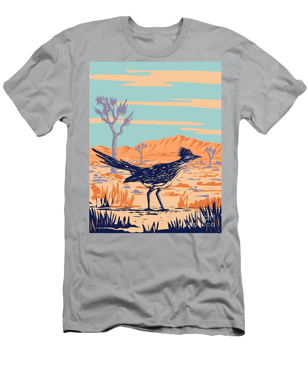 Wpa T-Shirt featuring the digital art Roadrunner Chaparral Bird in Joshua Tree National Park Mojave Desert California WPA Poster Art by Aloysius Patrimonio