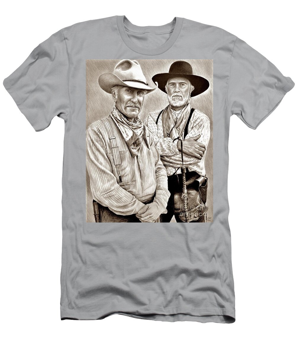Robert Duvall T-Shirt featuring the drawing Robert Duvall and Tommy Lee Jones by Andrew Read