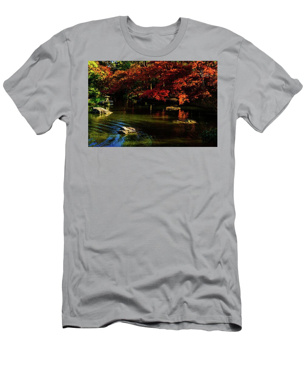 Red Maple Leaf T-Shirt featuring the photograph Rock of Pagoda II by Johnny Boyd