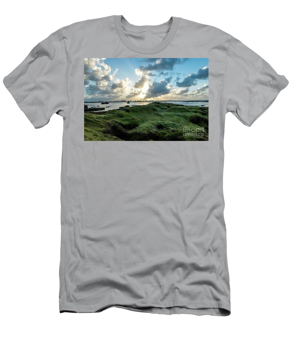 Piñones T-Shirt featuring the photograph Rocks Covered in Moss at Sunset, Pinones, Puerto Rico by Beachtown Views