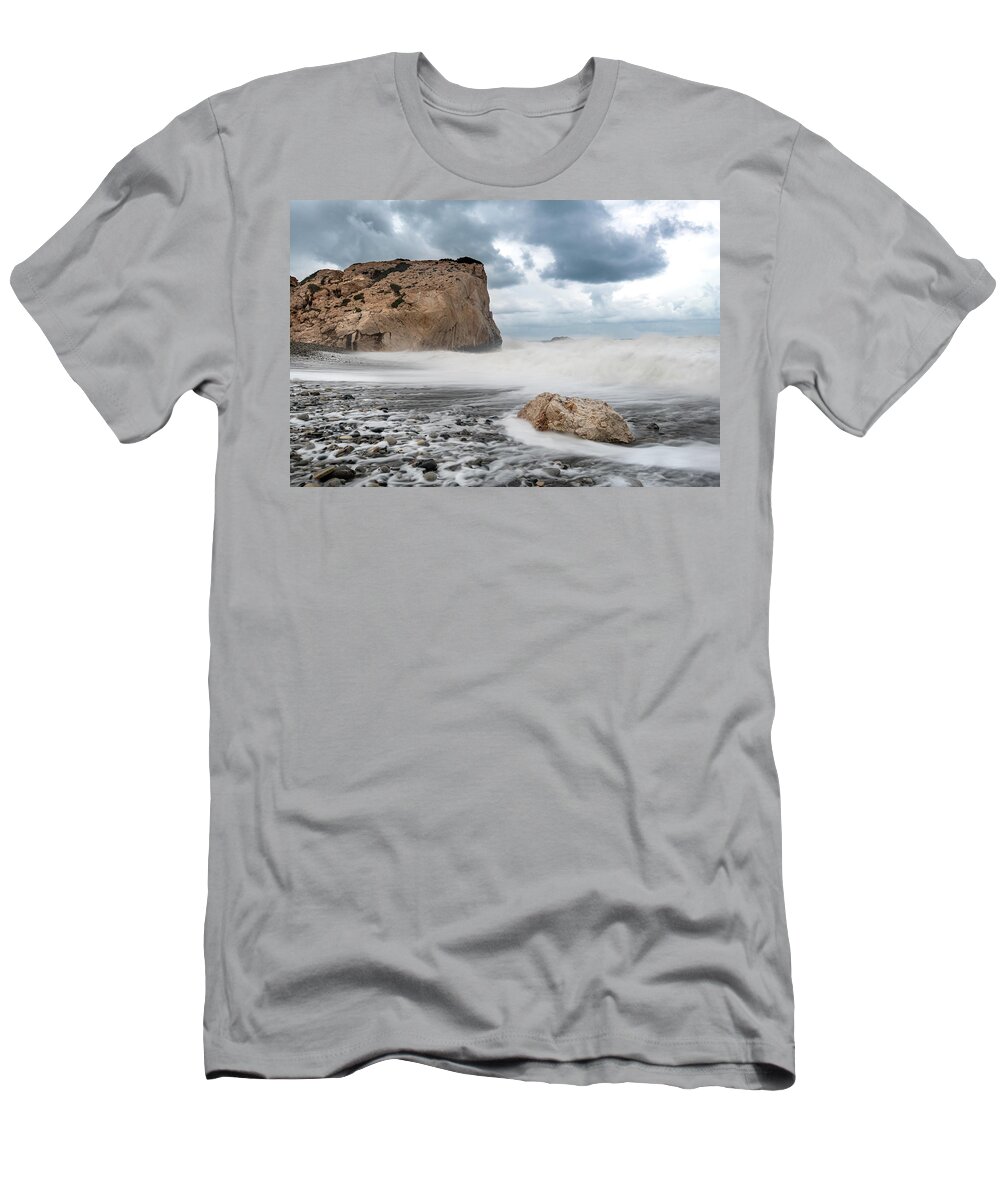 Waves T-Shirt featuring the photograph Rocky Seascape during Storm by Michalakis Ppalis