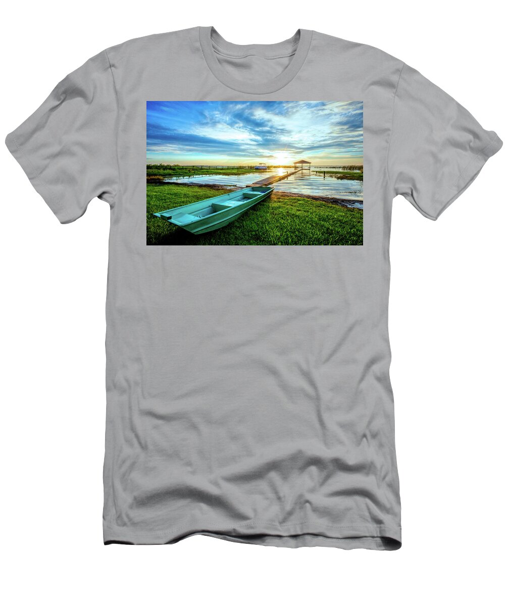 Docks T-Shirt featuring the photograph Rowboat at the Water's Edge by Debra and Dave Vanderlaan