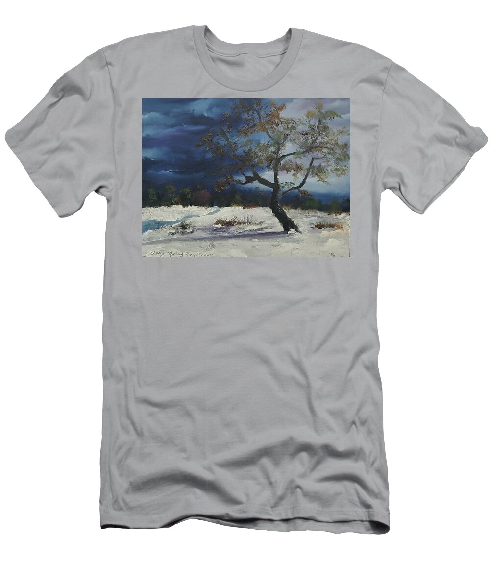 Winter Scene With Russian Olive Tree T-Shirt featuring the painting Russian Olive Tree at the Park by Cheryl Nancy Ann Gordon