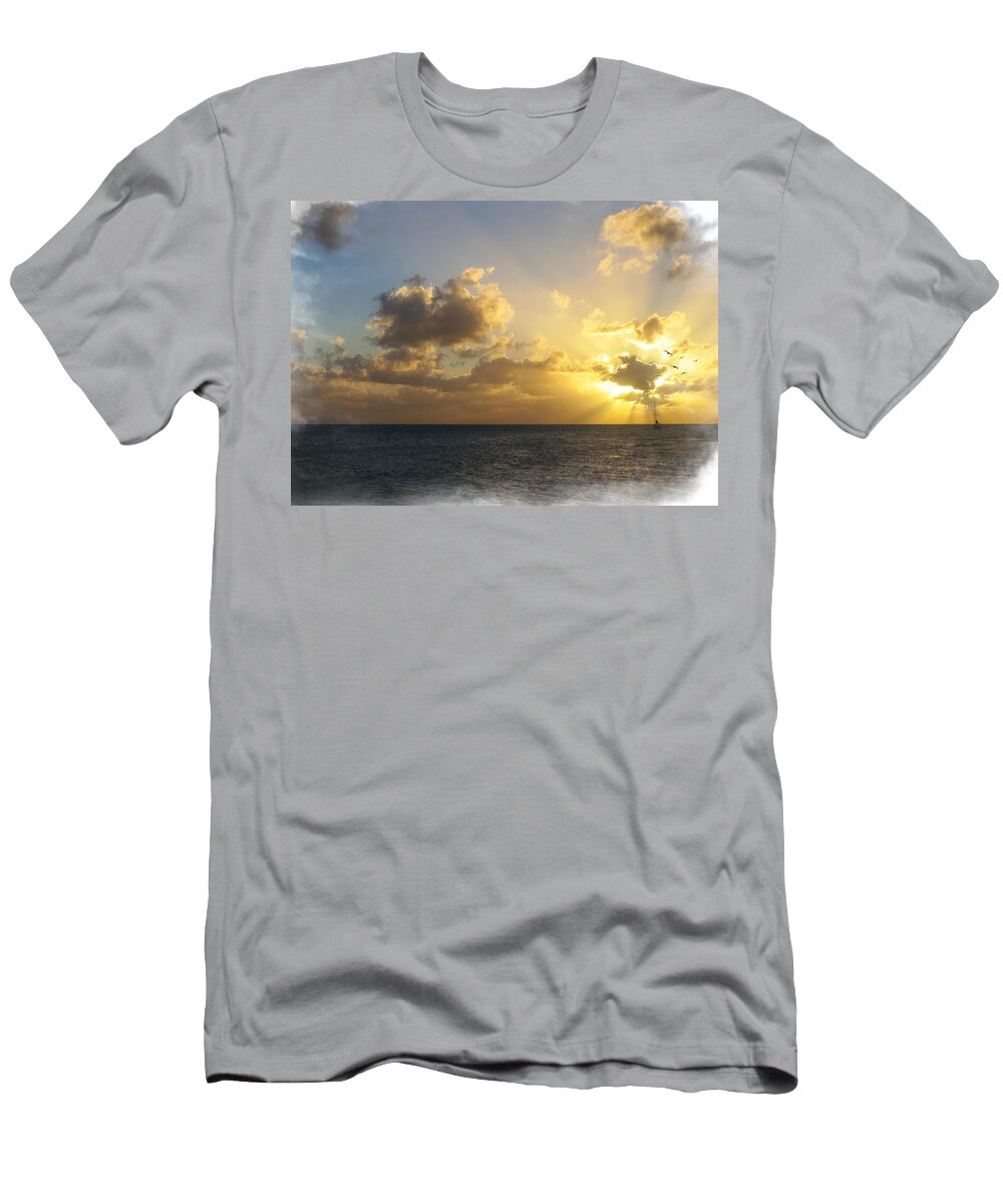 Sunset T-Shirt featuring the mixed media Sailing Home by Moira Law