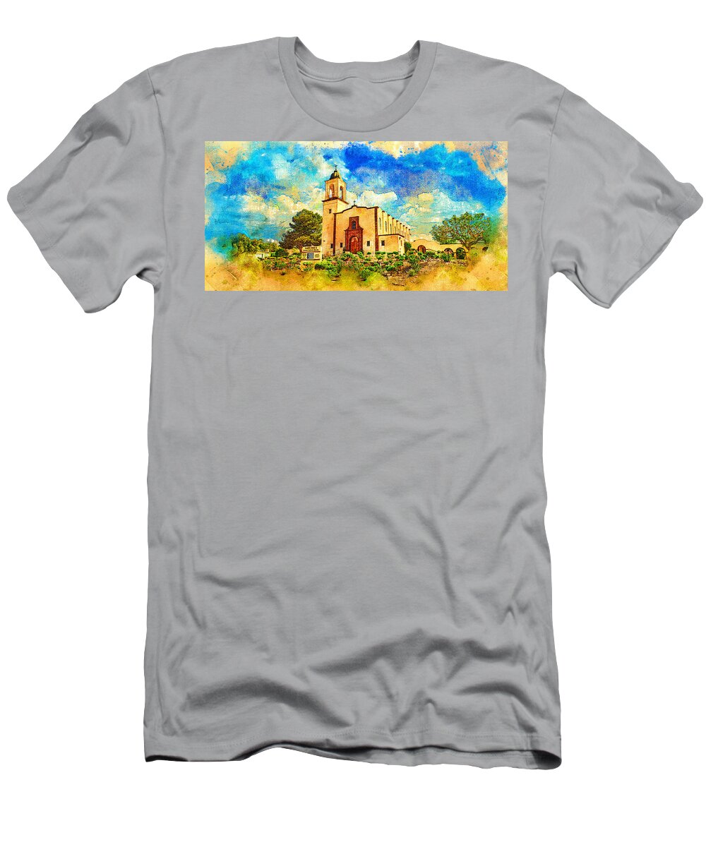 Saint Pius X Church T-Shirt featuring the digital art Saint Pius X Church in Chula Vista - digital painting by Nicko Prints