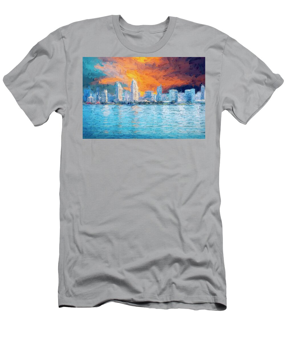 San Diego T-Shirt featuring the mixed media San Diego Skyline Under An Orange Sky - Painterly by Joseph S Giacalone