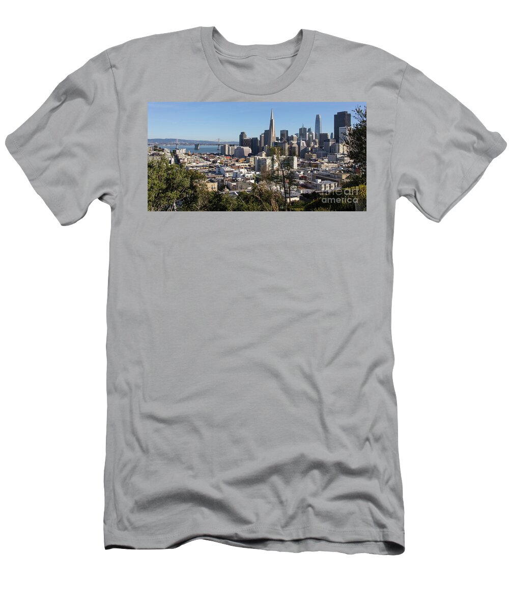 Wingsdomain T-Shirt featuring the photograph San Francisco Downtown Financial District Cityscape Panorama With Bay Bridge R1816 long by San Francisco