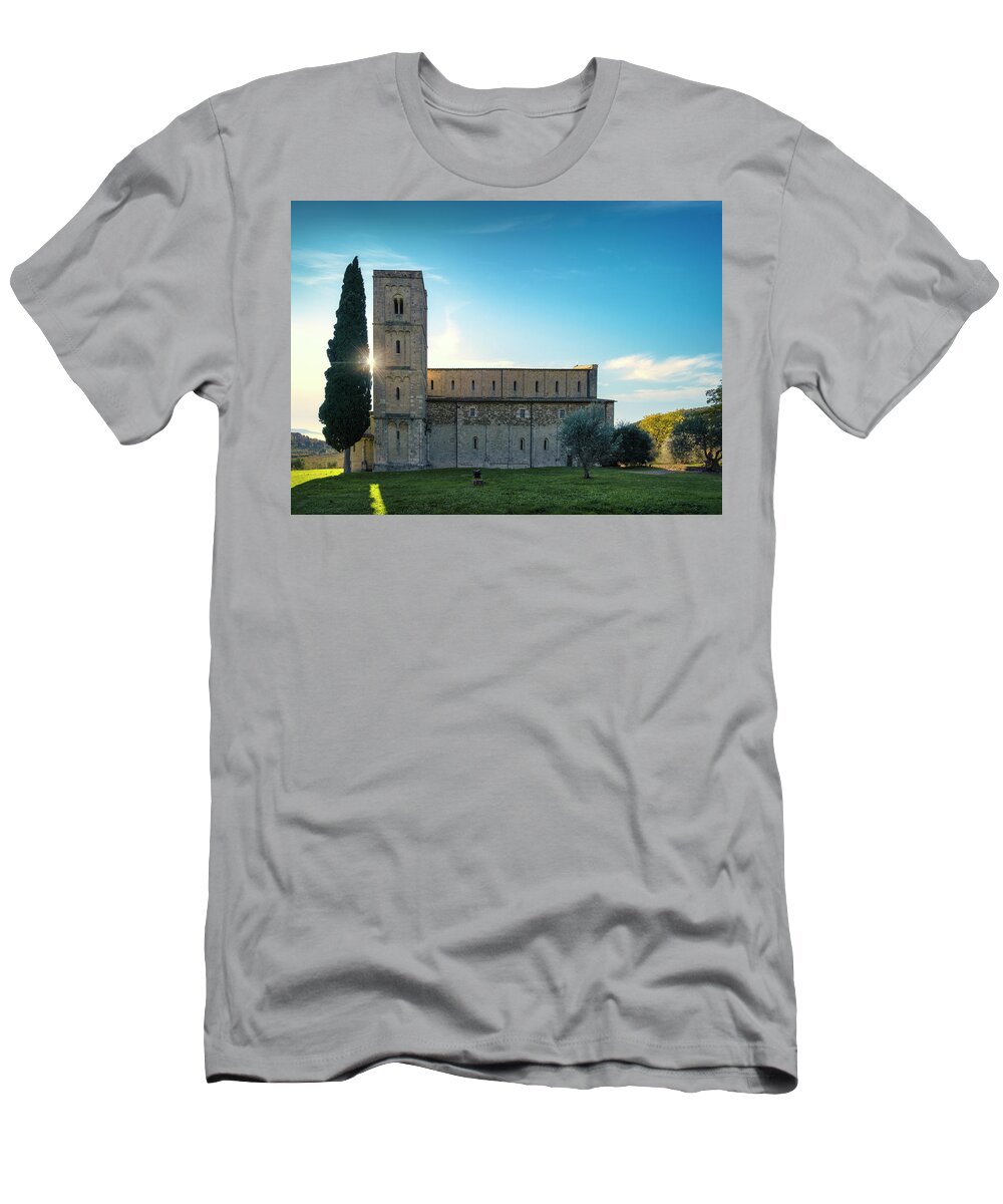 Montalcino T-Shirt featuring the photograph Sant Antimo Abbey in the Morning by Stefano Orazzini