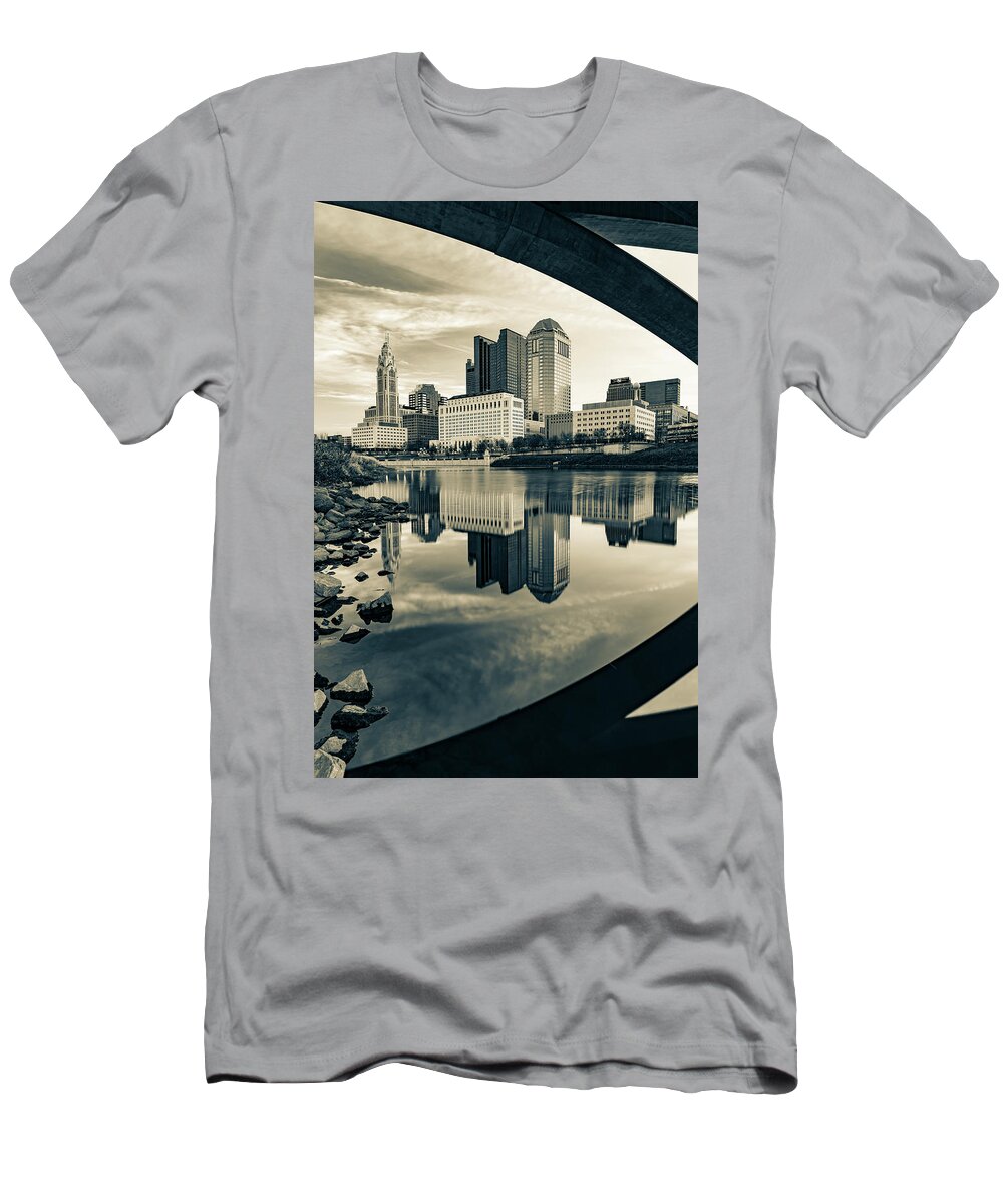 Columbus Skyline T-Shirt featuring the photograph Scioto River City Reflections Under The Bridge - Sepia Edition by Gregory Ballos