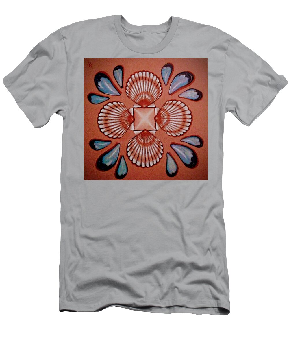 Shells T-Shirt featuring the painting Scallop and Mussel Seashell Mandala by James RODERICK