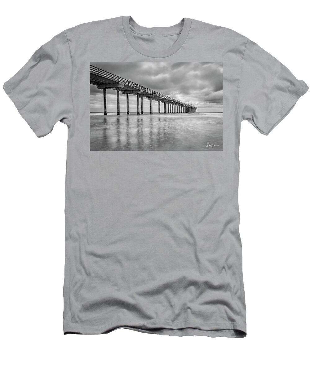 Gary Johnson T-Shirt featuring the photograph Scripps Pier in Black and White by Gary Johnson