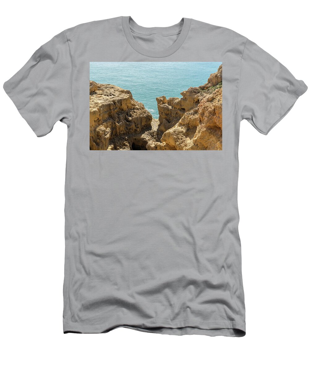 Sea Sculpted T-Shirt featuring the photograph Sculpted Clifftops - Carvoeiro Algarve Gold Coast in Portugal by Georgia Mizuleva