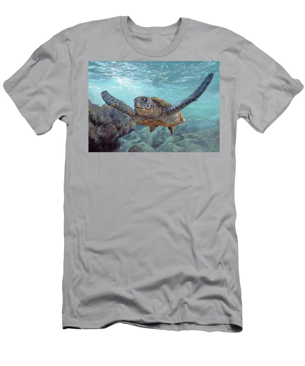 Sea Turtle T-Shirt featuring the painting Sea Diver by David Stribbling