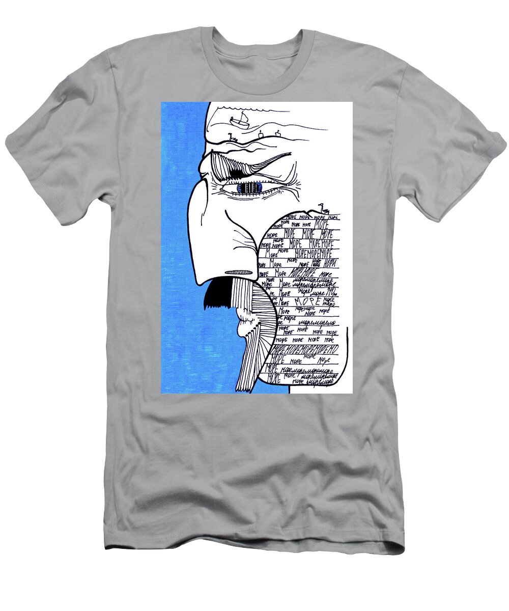 #mood #tired #ink #cat #stress #personae #personality #city #depression #character #sketch #graphic #art #inkart #feel #feelings #heart #soul #spirit #meaning #story #philosophy #newage #impression #metamodern #mind #aware #crazy #face #sea T-Shirt featuring the drawing Sea by Kirin Arts