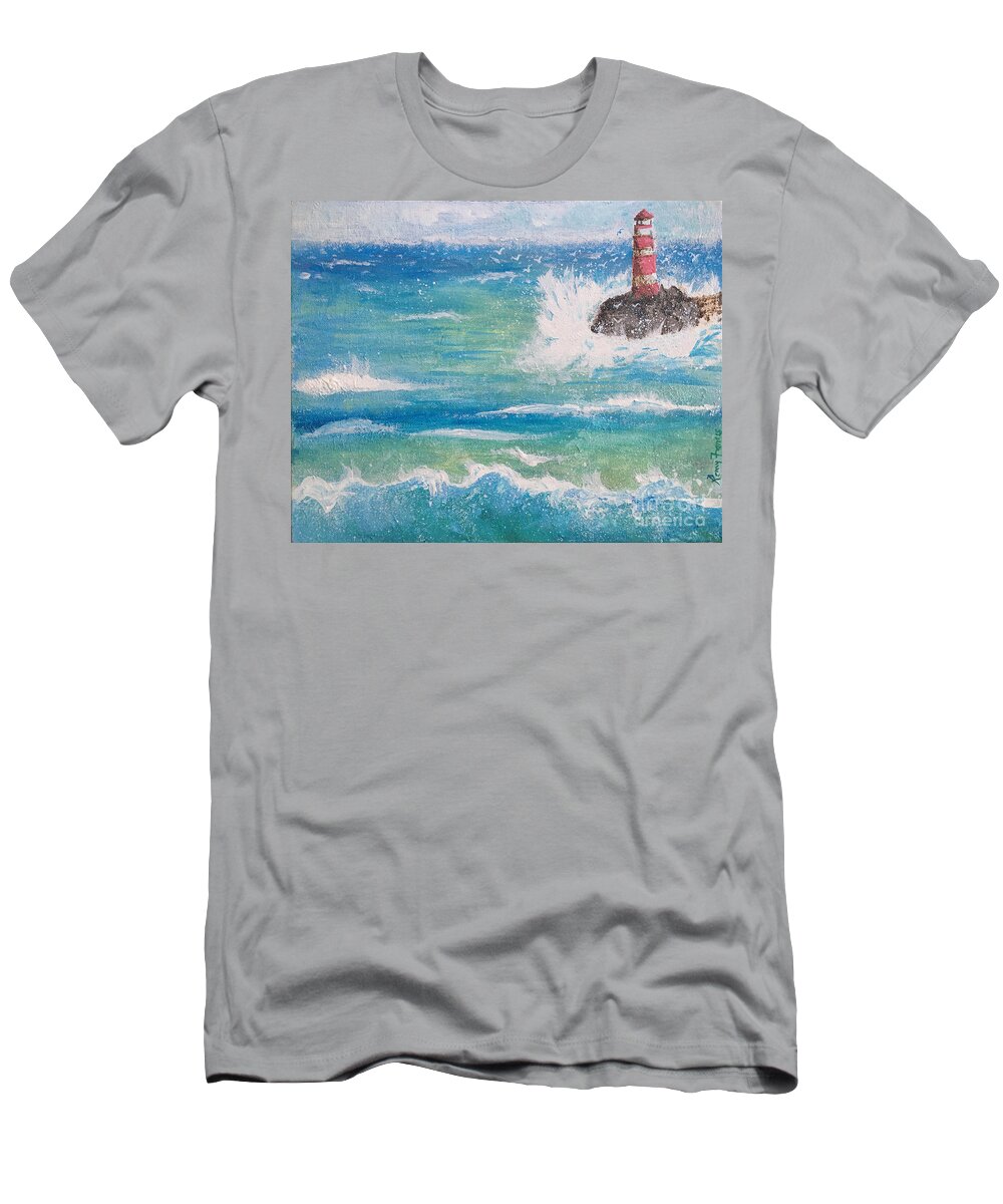 Lighthouse T-Shirt featuring the painting Sea with Lighthouse by Remy Francis