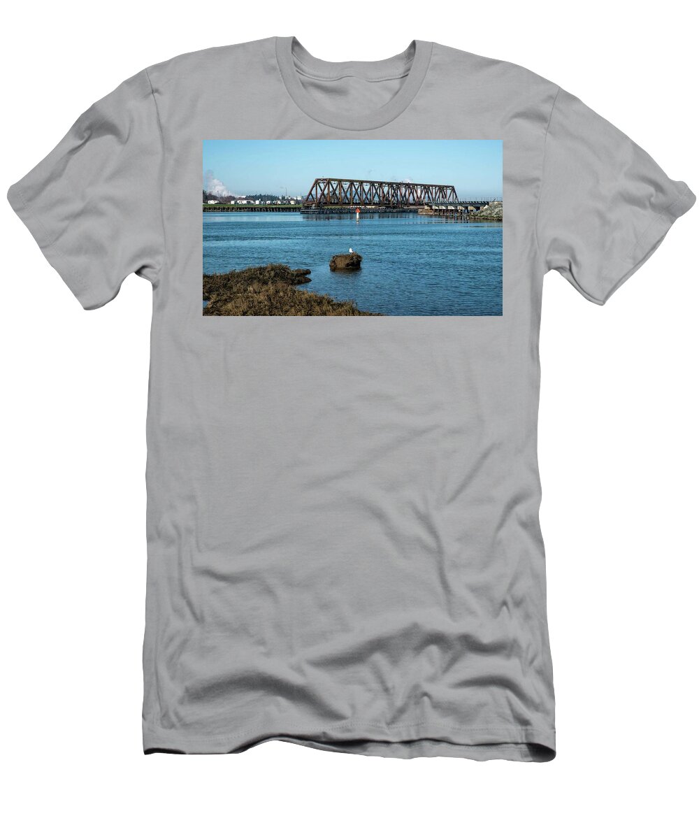 Seagull And Swinomish Bridge T-Shirt featuring the photograph Seagull and Swinomish Bridge by Tom Cochran