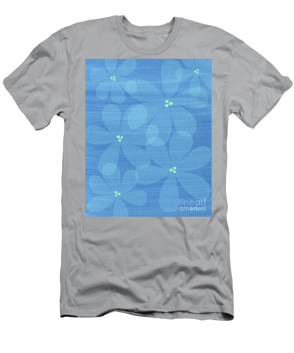 Mixed Media T-Shirt featuring the mixed media Serene Floral Abstract in Blue by Donna Mibus