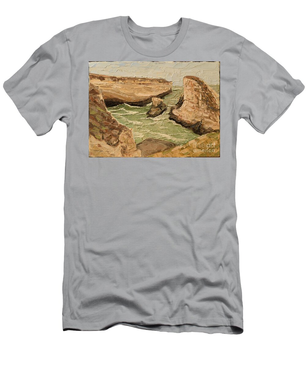 Santa Cruz T-Shirt featuring the painting Shark Fin Cove by PJ Kirk