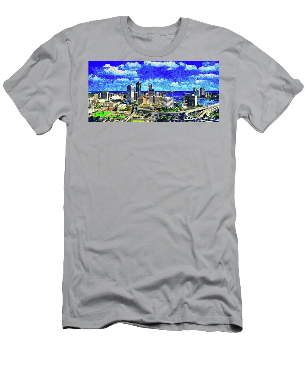 Downtown Jacksonville T-Shirt featuring the digital art Skyline of downtown Jacksonville, Florida - impressionist painting by Nicko Prints