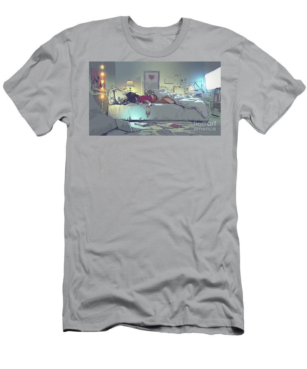 Illustration T-Shirt featuring the painting Sleepy Girl by Tithi Luadthong