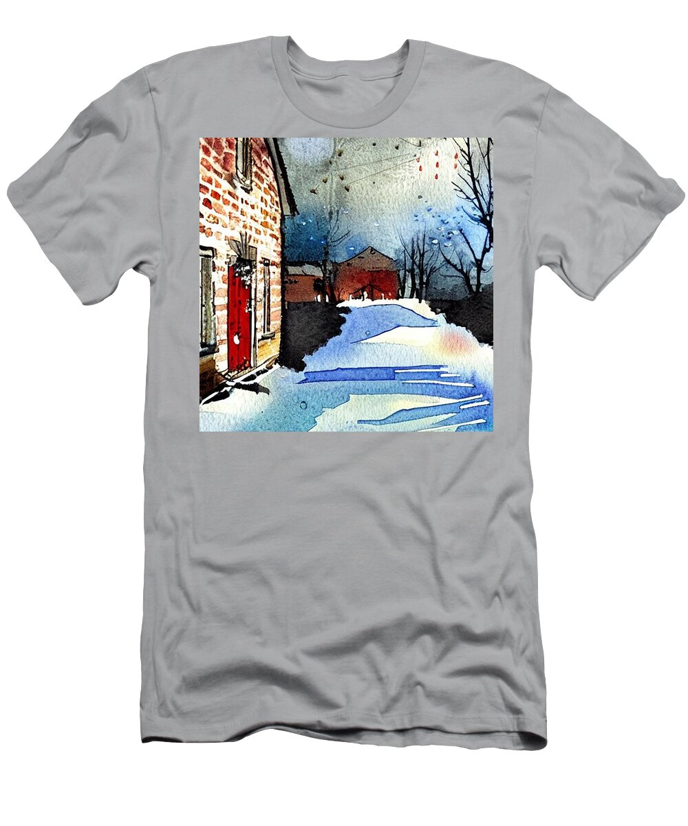 Waterloo Village T-Shirt featuring the painting Smith's Store Waterloo Village, Morris Canal, In Winter by Christopher Lotito