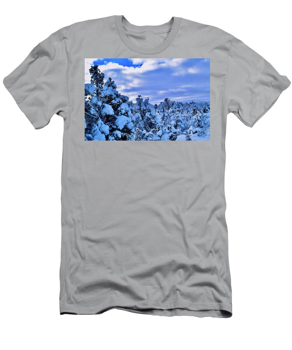 Zion T-Shirt featuring the photograph Snow covered Pine Trees by Bnte Creations