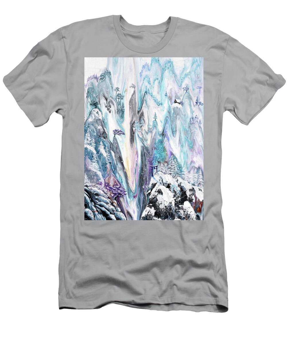 Torii T-Shirt featuring the painting Snow Falling Quietly on Torii by Laura Iverson