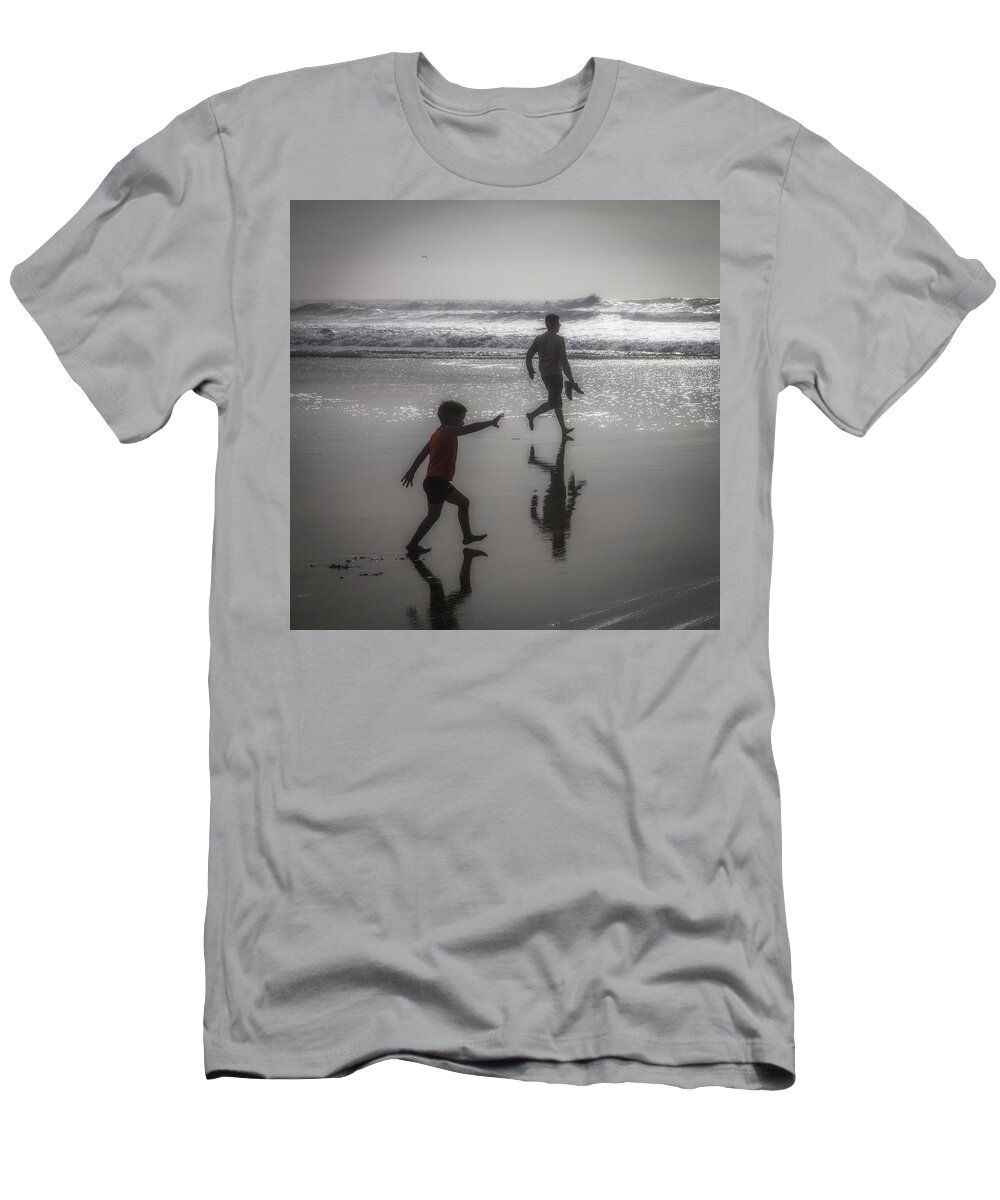 Son And Dad T-Shirt featuring the photograph Son and dad, Ocean Beach by Donald Kinney