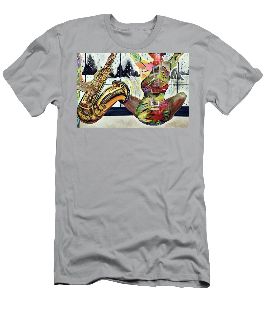 Saxophone T-Shirt featuring the painting Sounds of Her Body by Chiquita Howard-Bostic