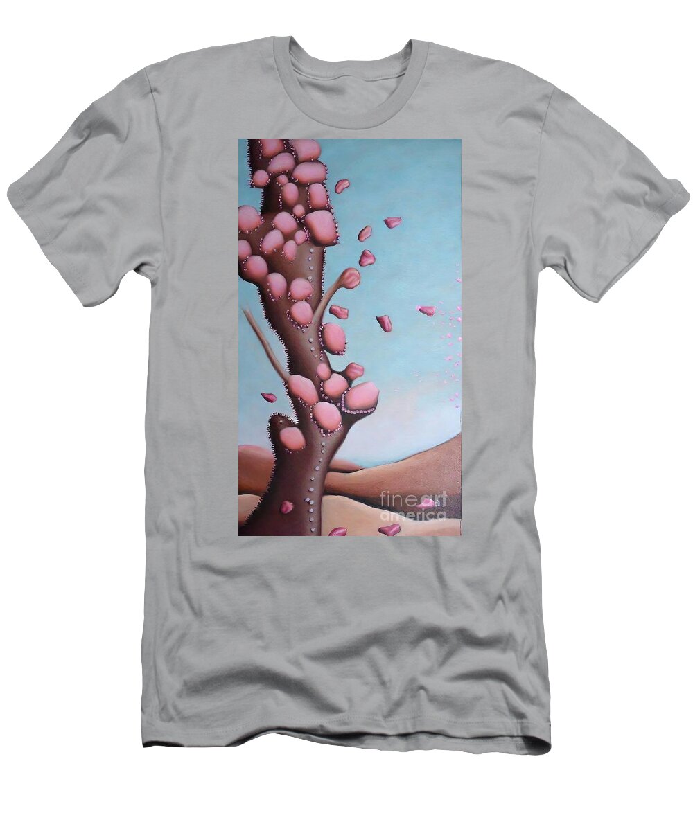 Blue Sky T-Shirt featuring the painting Special Edition Painting blue sky bubblegum falling flowers from paint beige cactuc cactus series paint on cactus brown cactu desert art paint pouring cactus art mountains in background cactus by N Akkash