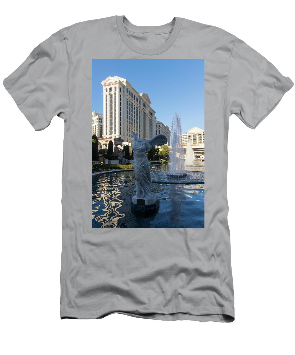 Splendiferous Fountain T-Shirt featuring the photograph Splendiferous Las Vegas Fountain - Goddess Nike the Winged Victory of Samothrace by Georgia Mizuleva