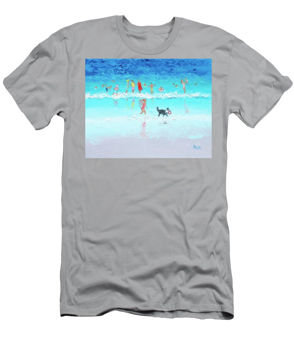 Beach T-Shirt featuring the painting Splish Splash beach scene by Jan Matson