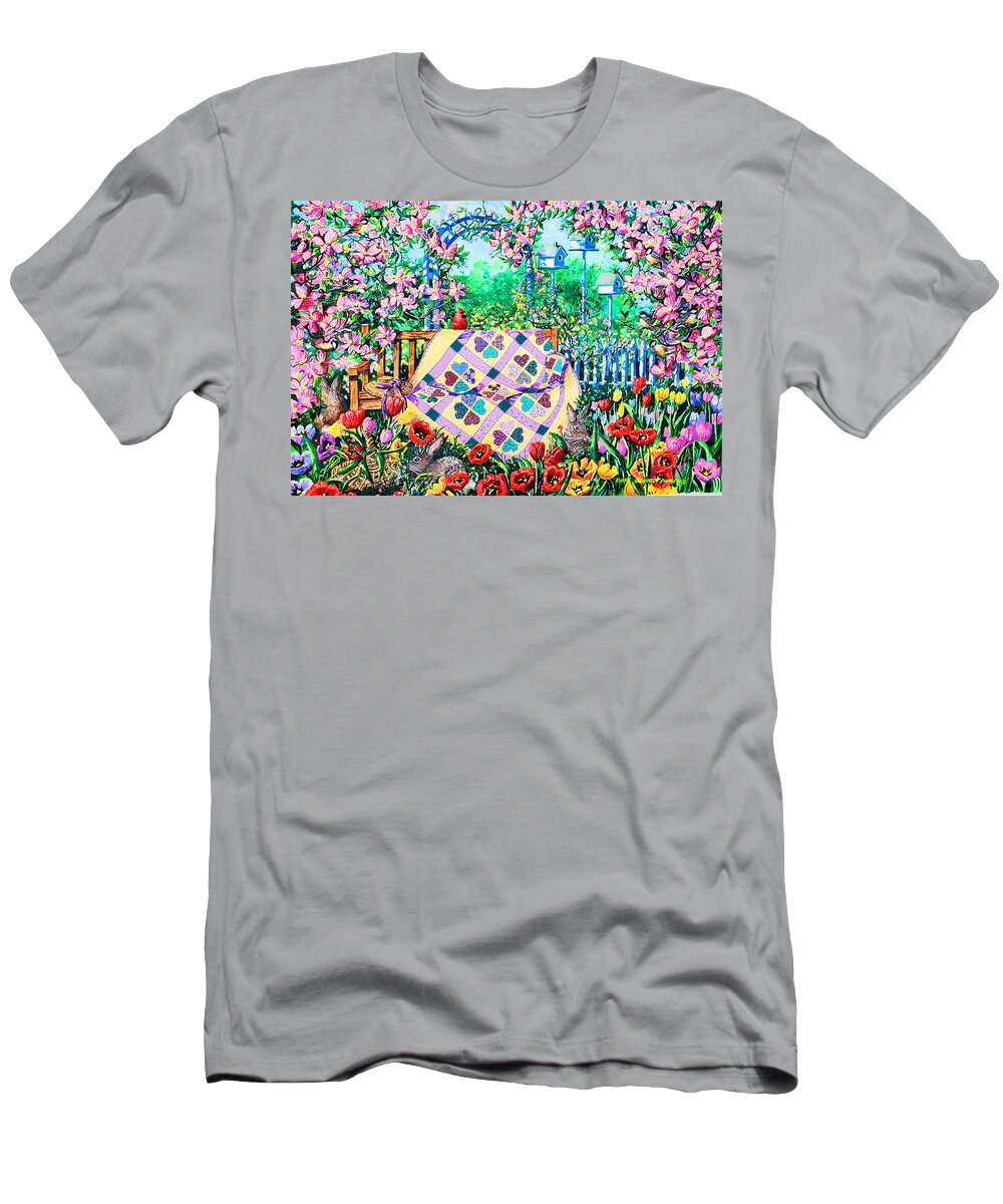 Garden Bench T-Shirt featuring the painting Springtime Hearts and Flowers by Diane Phalen