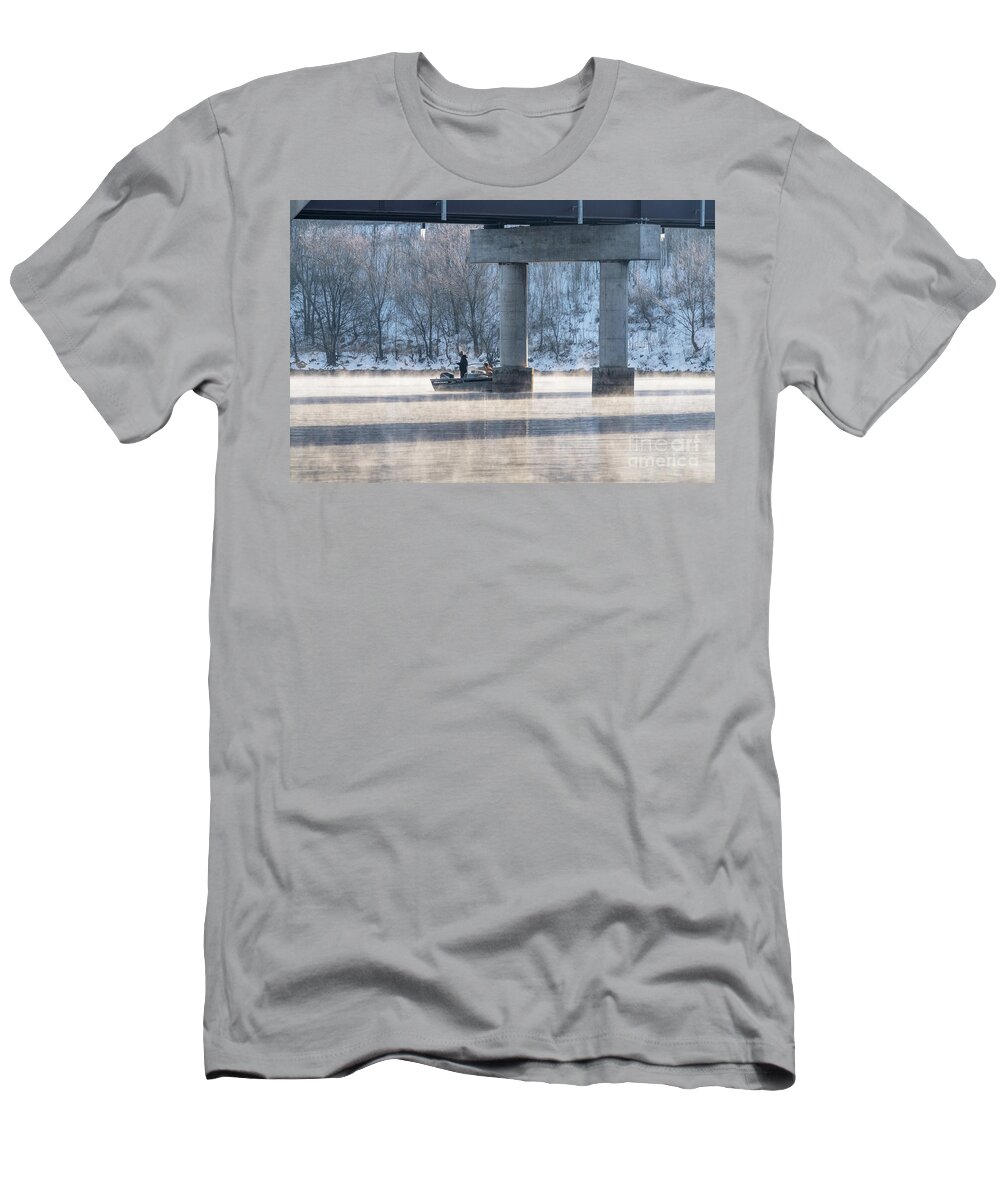 Fisherman T-Shirt featuring the photograph Steamy Winter Fishing Lake Taneycomo by Jennifer White