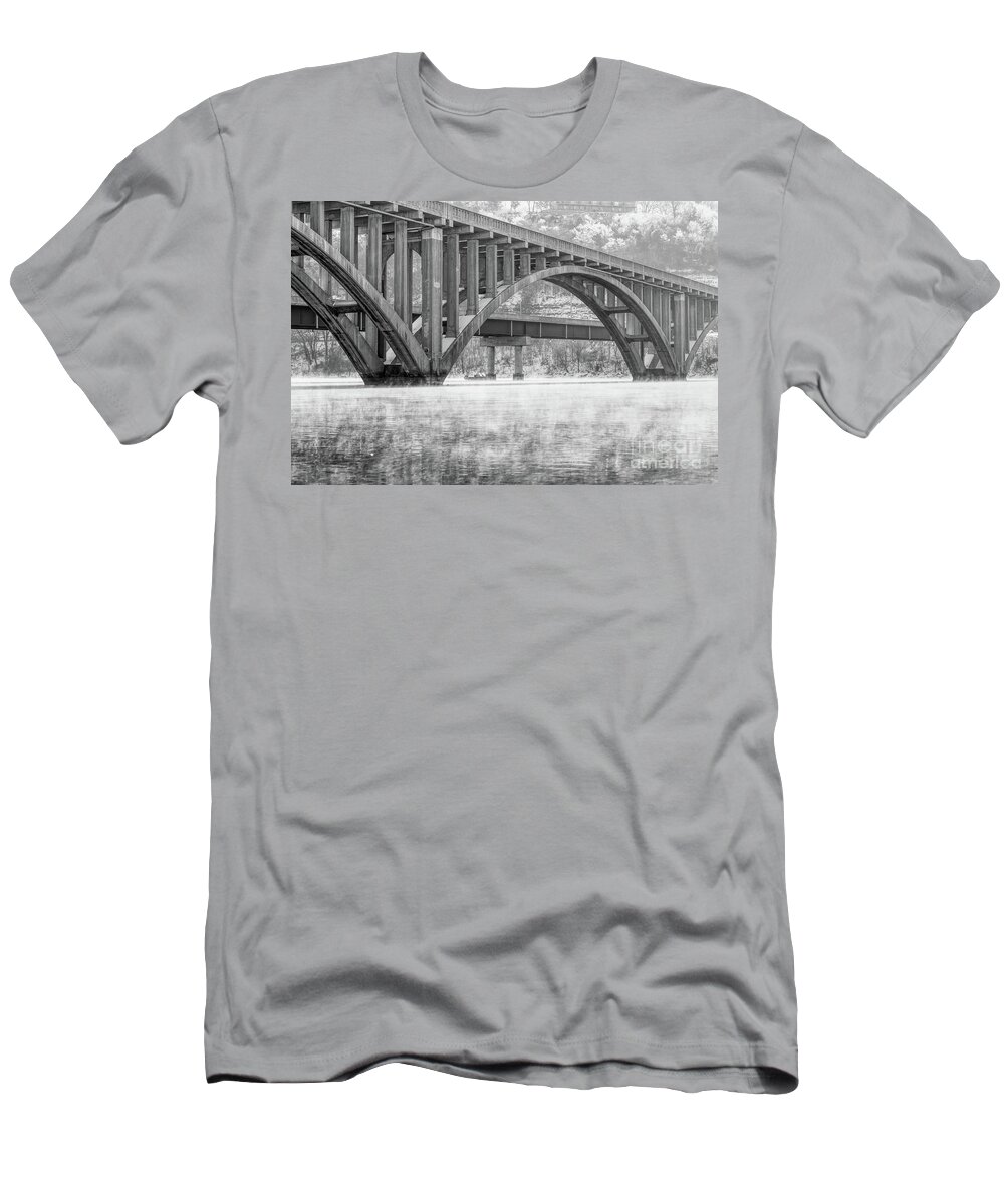 Branson T-Shirt featuring the photograph Steamy Winter Morning Branson Bridge Grayscale by Jennifer White