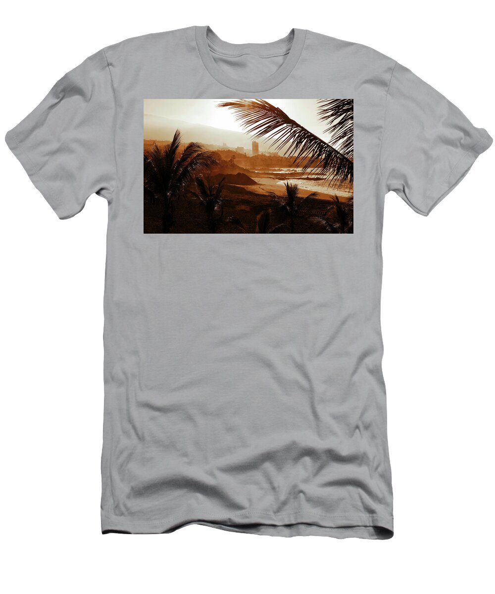 Brown T-Shirt featuring the photograph Stormy weather with palm trees on the beach in sepia color by Severija Kirilovaite