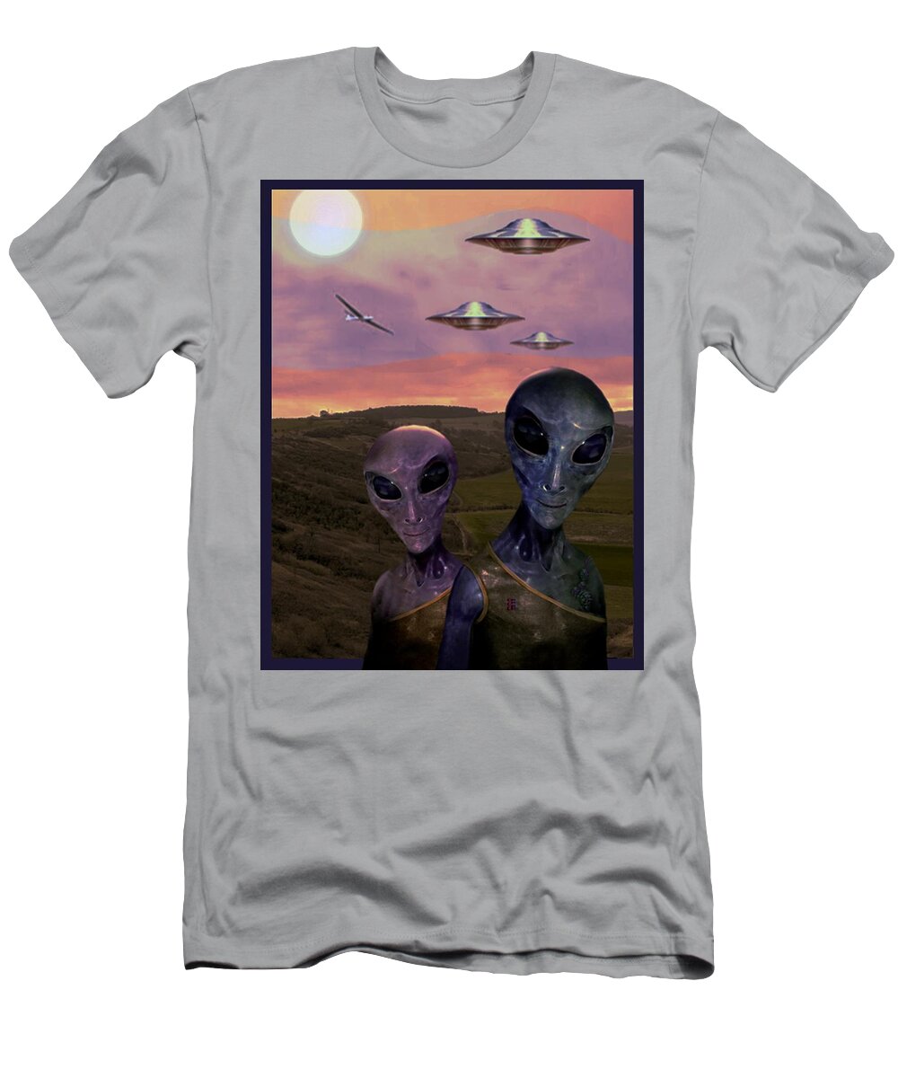 Aliens T-Shirt featuring the mixed media Strange Encounter by Hartmut Jager