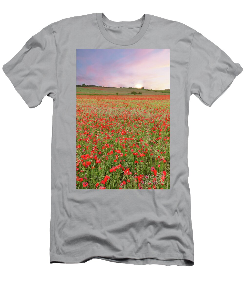 Norfolk T-Shirt featuring the photograph Norfolk poppy fields at sunrise in England by Simon Bratt